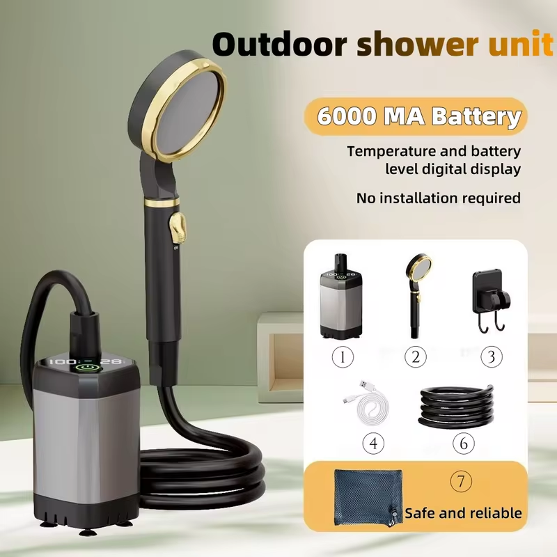 Battery Outdoor Camping - ชุดฝักบัวไฟฟ้าแบบพกพาสำหรับใช้งานกลางแจ้ง ชุดอาบน้ำสำหรับตั้งแคมป์ แบตเตอรี่ใช้งานได้ยาวนาน เหมาะสำหรับงานก่อสร้าง ตั้งแคมป์ และใช้ในครัวเรือน