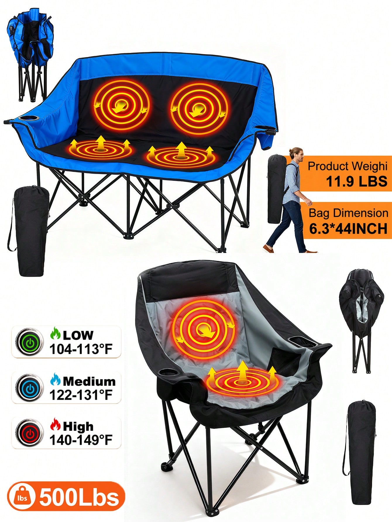 Outdoor Oversized Camping Chair - เก้าอี้แคมป์ปิ้งแบบคู่พร้อมระบบทำความร้อน เก้าอี้พับได้พร้อมระบบทำความร้อนสำหรับแคมป์ปิ้ง เก้าอี้เลิฟซีทสำหรับกิจกรรมกลางแจ้ง เก้าอี้เลิฟซีทขนาดใหญ่พิเศษพร้อมระบบทำความร้อนสำหรับผู้ใหญ่ เก้าอี้แคมป์ปิ้งสำหรับ 2