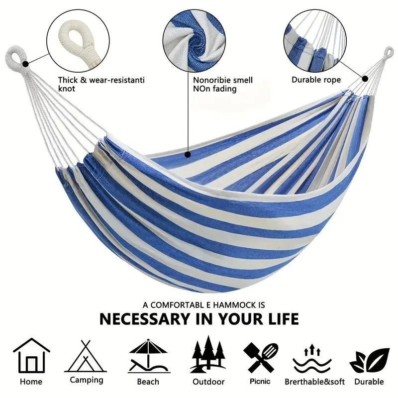 Outdoor Indoor Camping - เปลญวนผ้าใบแบบไม่มีโครงไม้ สำหรับตั้งแคมป์กลางแจ้ง เปลแขวนในร่ม ชิงช้าเด็ก พร้อมเปลญวนลายทางหนาพิเศษ ป้องกันการพลิกคว่ำ
