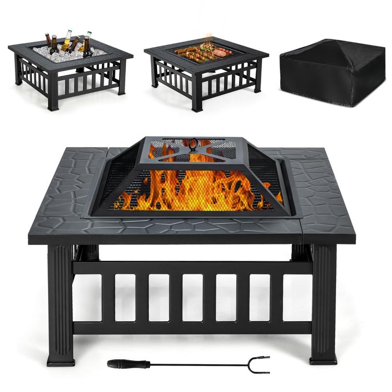 Outdoor Camping Fire Pit - โต๊ะเตาไฟกลางแจ้งแบบสี่เหลี่ยมขนาด 32 นิ้ว 3 in 1