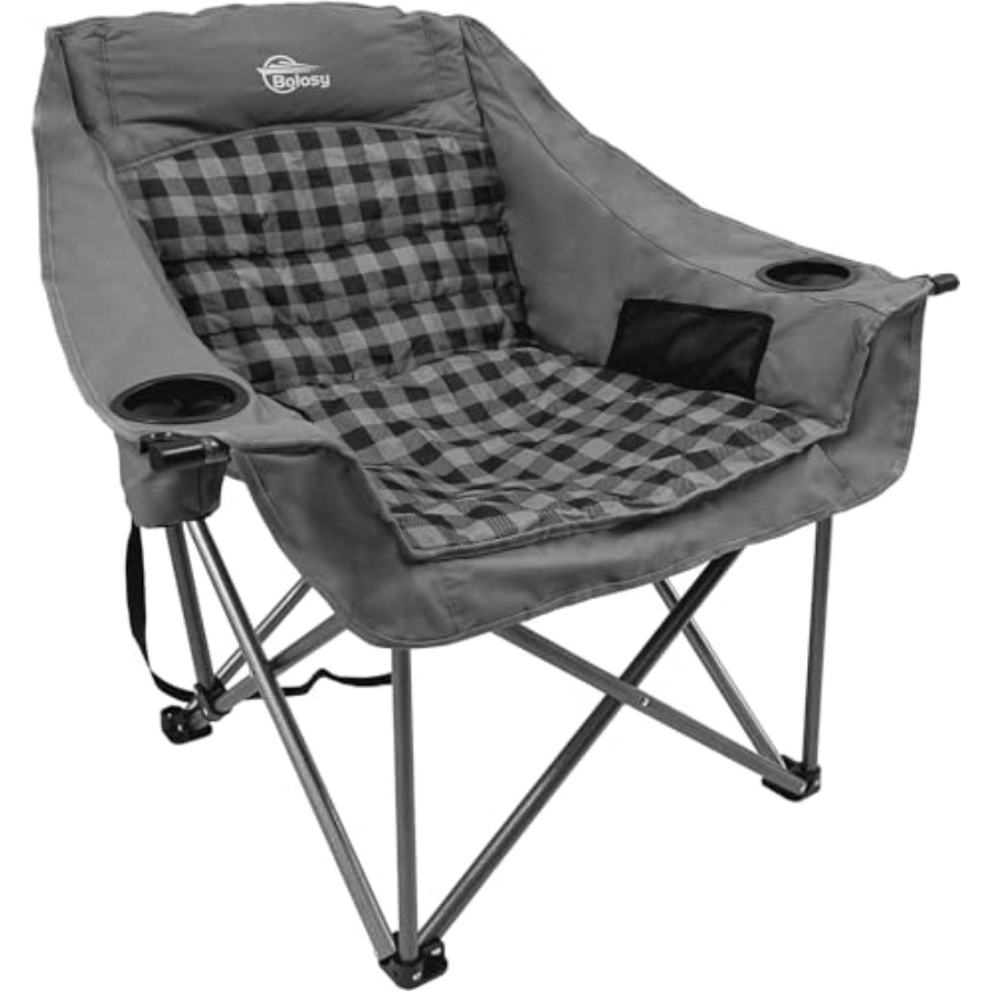 Outdoor Oversized Camping Chair - เก้าอี้แคมป์ปิ้งขนาดใหญ่สำหรับผู้ใหญ่: เก้าอี้พับกลางแจ้งแบบพกพาบุนวมลายสก๊อตสีเทาแบบหนาพิเศษพร้อมที่วางแก้ว รับน้ำหนักได้ 500 ปอนด์