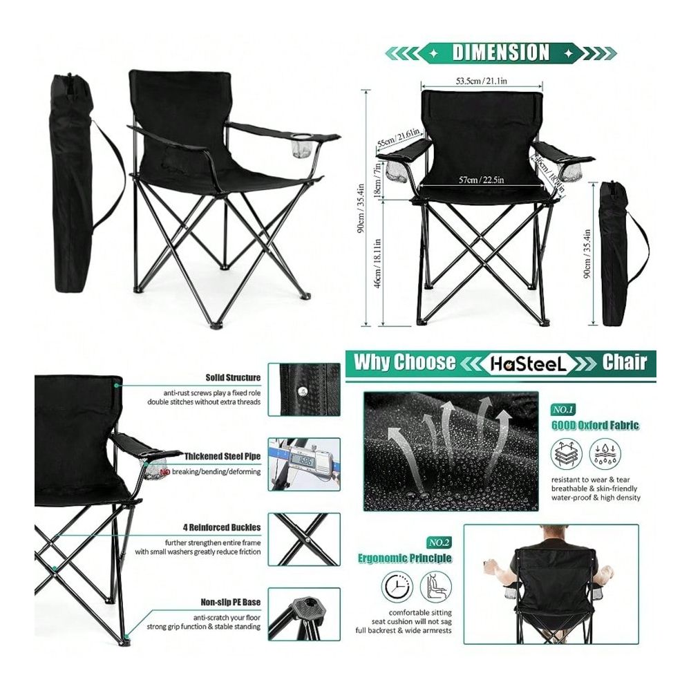 Outdoor Oversized Camping Chair - เก้าอี้, เก้าอี้สนามพับได้ขนาดใหญ่สำหรับผู้ใหญ่, เก้าอี้แคมป์พับได้พร้อมที่วางแก้ว พกพาสะดวกสำหรับตกปลา เดินป่า และท่องเที่ยวกลางแจ้ง