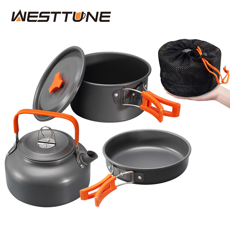 Outdoor Camping Essentials - WESTTUNE ชุดเครื่องครัวตั้งแคมป์อลูมิเนียมกลางแจ้งแบบพกพาชุดทําอาหารหม้อกาต้มน้ําสําหรับตั้งแคมป์บนโต๊ะอาหารเดินป่าปิคนิค 3 ชิ้น