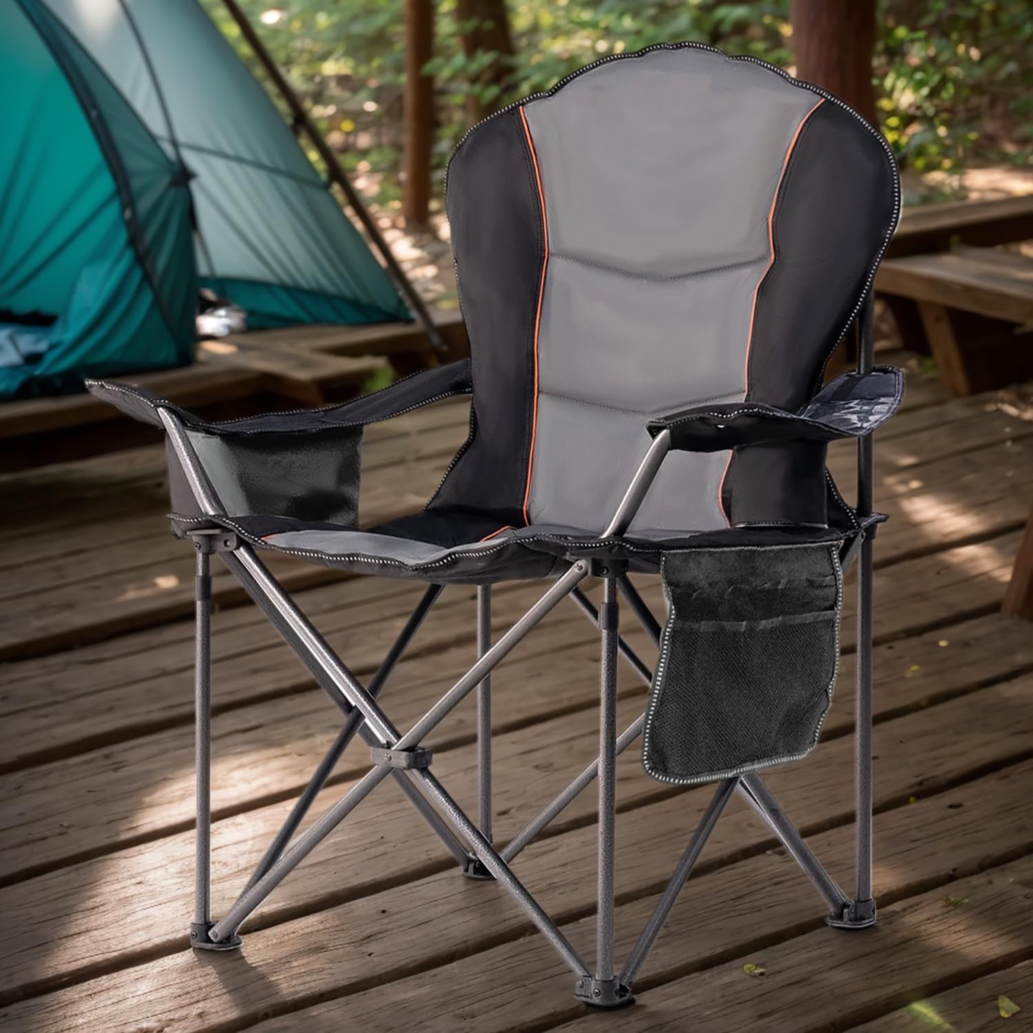 Outdoor Oversized Camping Chair - เก้าอี้พับขนาดใหญ่สำหรับตั้งแคมป์พร้อมโต๊ะข้างในตัว รับน้ำหนักได้ 500 ปอนด์ เก้าอี้กลางแจ้งสำหรับงานหนัก มาพร้อมกระเป๋าเก็บความเย็น