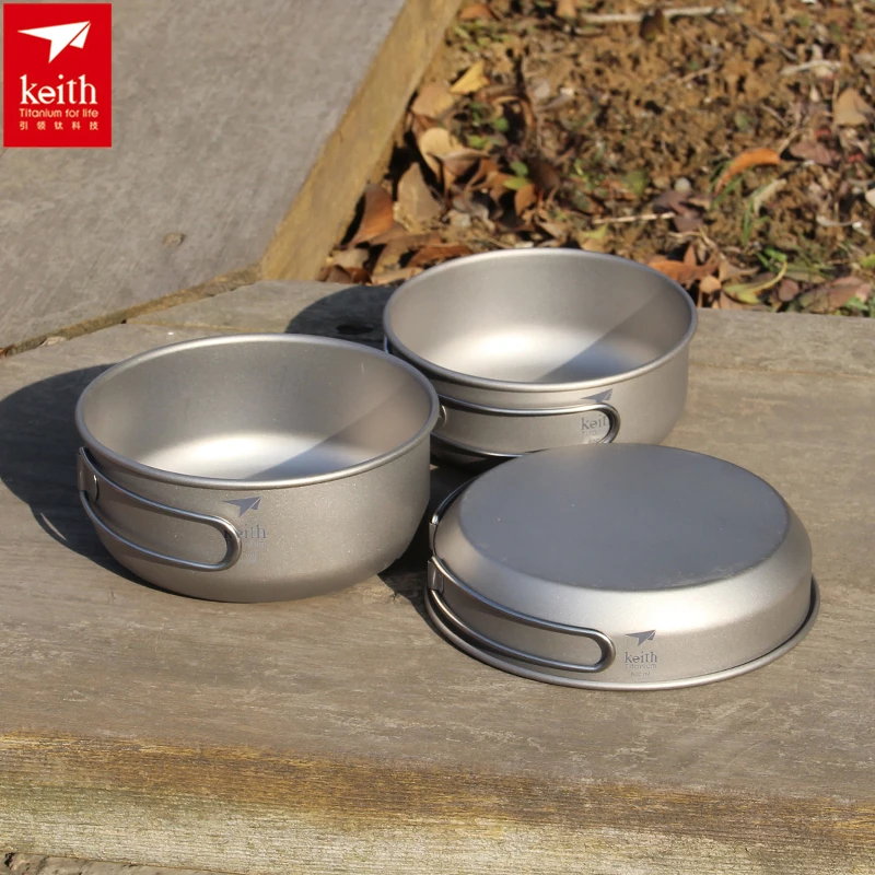 Outdoor Camping Essentials - Keith 3PCS ไทเทเนียมเครื่องครัวกระทะชามชุดพับ Cook ชุดเดินทางกลางแจ้งการล่าสัตว์ตั้งแคมป์ชุดทําอาหาร Ti6053