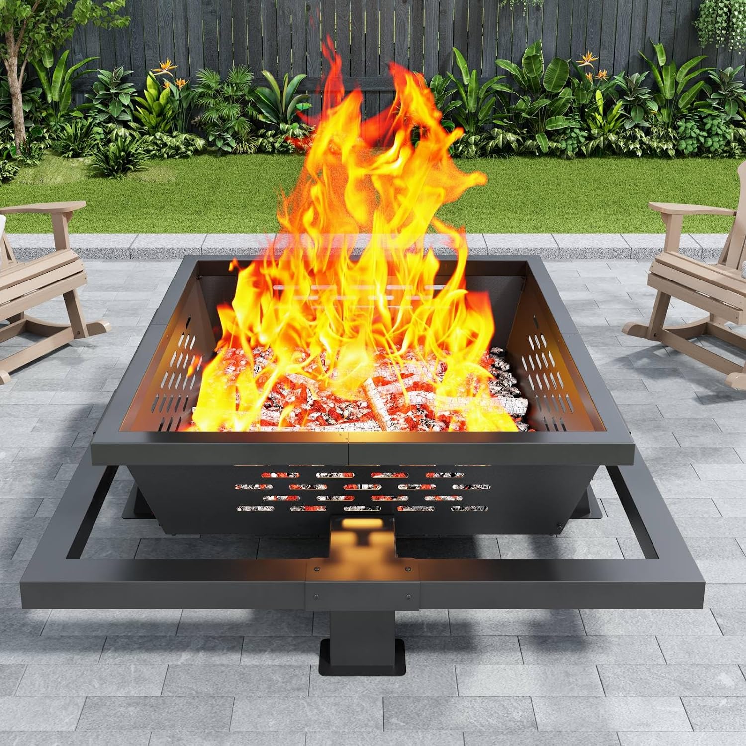 Outdoor Camping Fire Pit - เตาผิงกลางแจ้งขนาดใหญ่ 47 นิ้ว, เตาผิงกลางแจ้งทรงสี่เหลี่ยมพร้อมไม้ตักไฟ, เตาผิงสำหรับเผาไม้สำหรับตั้งแคมป์, สนามหลังบ้าน,