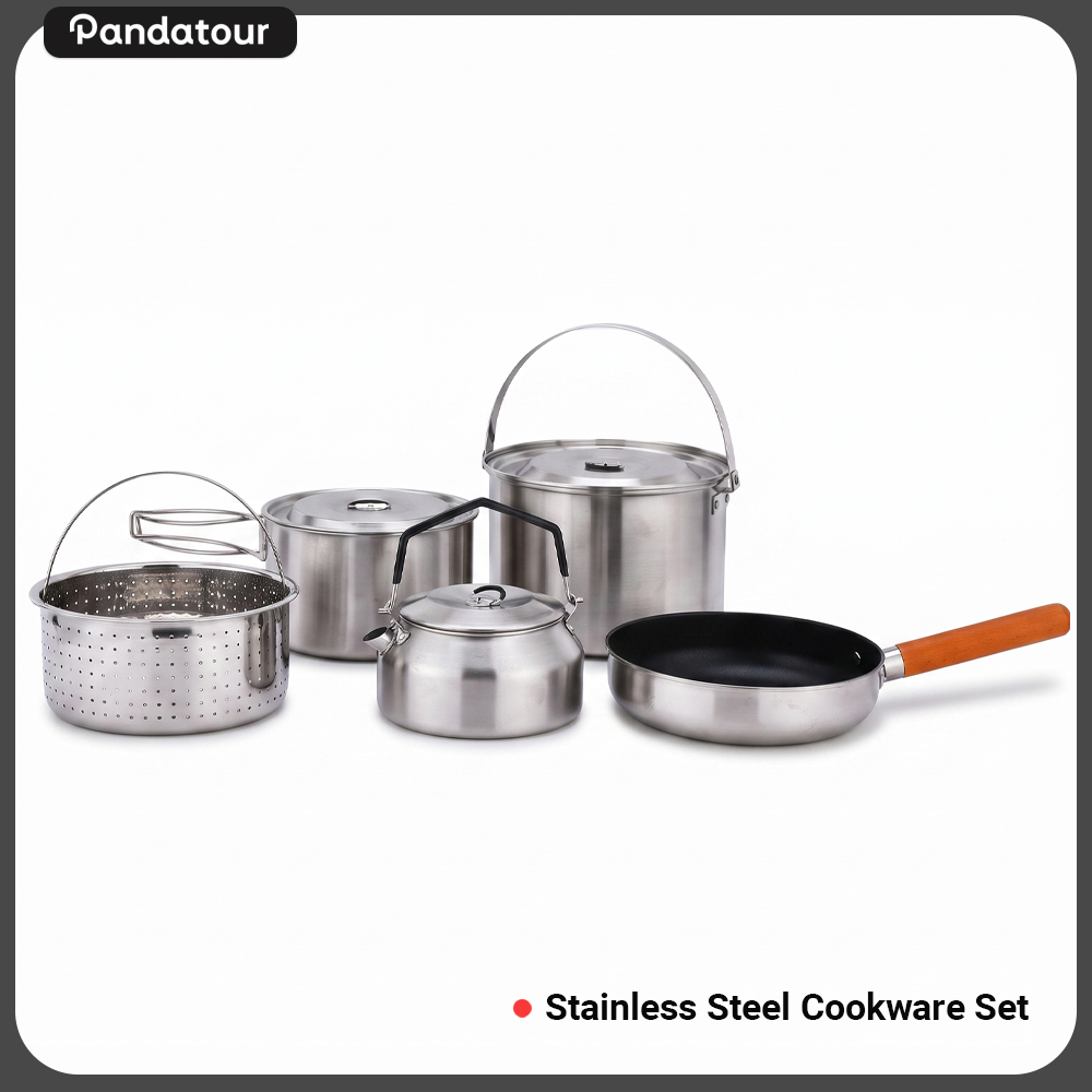 Outdoor Camping Essentials - ชุดเครื่องครัวสแตนเลส 5 ชิ้นสำหรับตั้งแคมป์กลางแจ้ง Pandatour พับเก็บได้ พกพาสะดวก