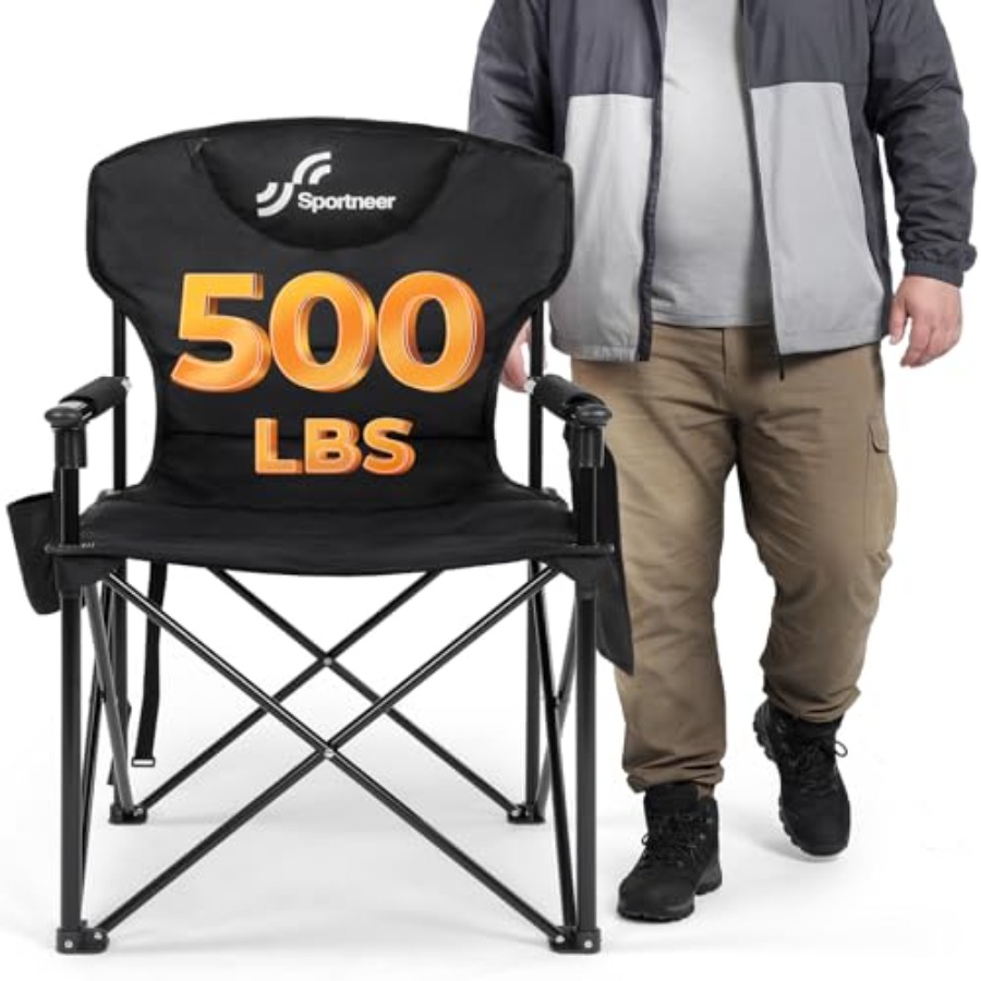Outdoor Oversized Camping Chair - เก้าอี้ตั้งแคมป์กลางแจ้ง: โครงเหล็กแข็งแรงทนทาน, ผ้าสีดำ, รับน้ำหนักได้ 500 ปอนด์,
