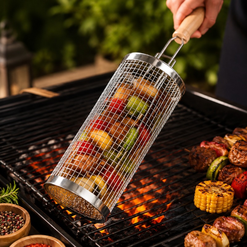 Outdoor Camping Essentials - ชุดตะกร้าย่างบาร์บีคิวทรงกลม สแตนเลส ตะแกรงเหล็กกลิ้งพร้อมท่อและด้ามจับ อุปกรณ์จำเป็นสำหรับการตั้งแคมป์กลางแจ้ง