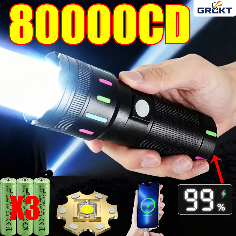 Battery Outdoor Camping - ไฟฉาย LED กำลังสูง 80000CD ไฟฉายยุทธวิธีสำหรับการล่าสัตว์ ไฟฉายชาร์จได้