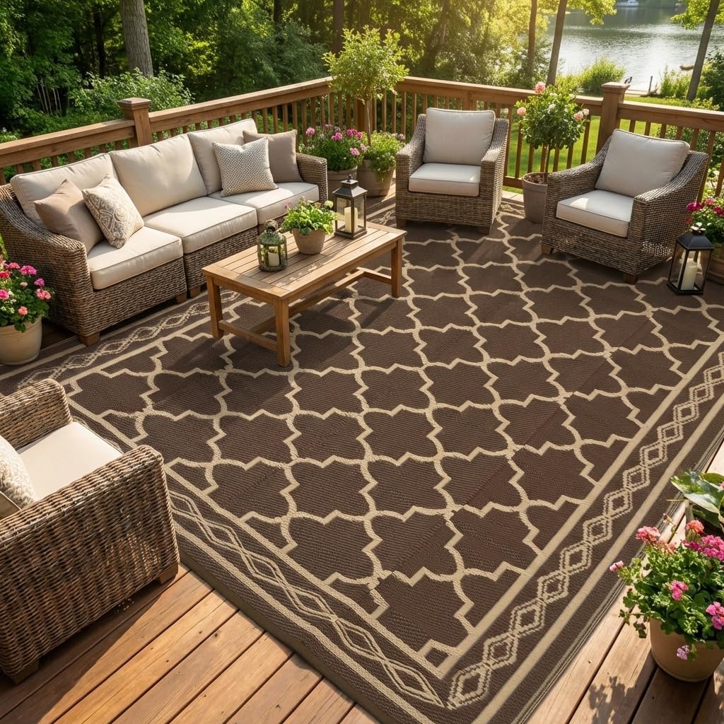 พรมปูพื้นกลางแจ้งแบบสองด้าน ขน - Outdoor Camping Rugs 9X12 บทวิจารณ์และราคา